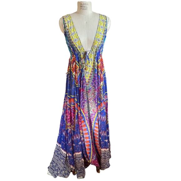 Camilla 100% Silk Swarovski Beaded V-Neck Bright Print Maxi Dress Size Medium/Lg - Picture 3 of 11